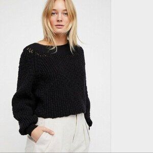 Free People Sweater Black Long Sleeve Boat Neck Open Knit Womens Small Pandora's